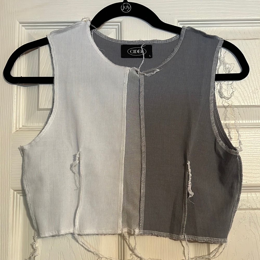 Gray and white no sleeve crop top.